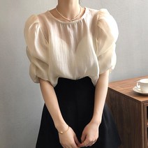 핑크블라우스반팔 상점 같은스타일 궤짝을 치우다 마름질 잔품 전문점 사치 벌룬소매 라운드넥 누에실 4869269917