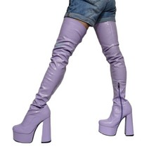 파티슈즈 라이트 퍼플 플랫폼 허벅지 하이 부츠 라운드 토 하이 청키 힐 라벤더 부츠