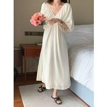 BANHANY 문라이트 루즈핏 셔링 백리스 가오리 브이넥 반팔 롱 원피스 3color 22062420