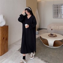 여성용 v넥 솔리드 컬러 니트 드레스 22022 가을 신상품 95% 코튼 한국 버전 루즈한 롱