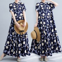 코카마니 여성 반팔 차이나카라 블루 꽃무늬 캉캉 예쁜 플라워 롱 원피스