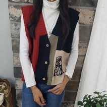 상상그이상 여성용 빈티지 4도 배색 조끼 가디건 도톰한 부드러운 유니크 디자인 구김없는 레이온소재 오픈형 베스트 사이즈 좋은 레이어드 가성비 좋은 브이넥 니트 조끼