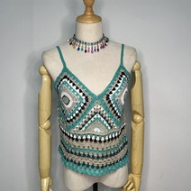 니트 뷔스티에 크로쉐 민족 복고풍 손으로 뜨개질 현 야 스타일 그린 컬러 매칭 스퀘어