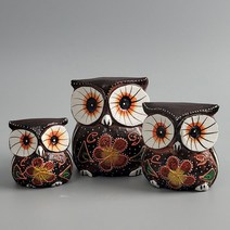 트레이드몰▶발리에서온 꽃분이 목각 부엉이 장식소품 3P 인형 선반 장식품 인테리어 미니어처 나무품 콘솔품◀트레이드몰, ◀트레이드몰▶