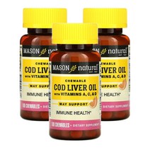 메이슨 내추럴 Mason Natural Cod Liver Oil 대구간유 with 비타민 A C & D 오렌지맛 츄어블 100정, 3팩