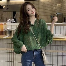 그린 꽃무늬 쉬폰 루즈핏 여성 블라우스