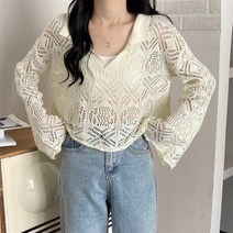 ~루즈핏 플레어 소매 펀칭 풀오버 니트 블라우스 자외선 차단 탑