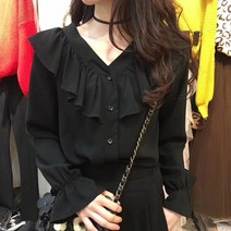 넥 프릴 블라우스 여성 블라우스 넥 프릴 안감 솔리드 싱글 브레스트 탑 셔츠 우아하고 걸 시크 얼짱 심플
