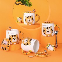 귀여운 호랑이 부조 머그컵 뚜껑 스푼 대용량 사무실 가정용 호랑이 도자기 물컵, 400ml, 호랑이를 생각하다