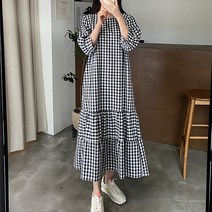 퍼니걸스 6203 루즈핏 라운드 체크 캉캉 플레어 롱 원피스 여성의류
