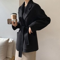 빈티지 여성아우터 코트 캐주얼 겨울 양면 블랙 숏 모직 여성 루즈한 레이싱 벨트 레드 오버코트 가을