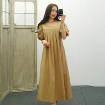 프리미엄 스퀘어넥 핀탁 퍼프소매 반팔 롱원피스 루즈핏