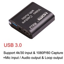 Rullz-4K 1080P HDMI To USB 2.0 3.0 비디오 캡처 카드 루프 오디오 출력 마이크 게임 녹음 박스 PC 라이, USB 3.0 Audio
