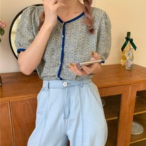 잔꽃 플라워 배색 퍼프소매 반팔 블라우스 어블루문