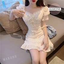 Makone 상표등록 여성 셔링 레이스 펀칭 스트랩 미니원피스