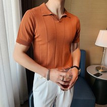 남자니트 여름 아이스실크 반팔 티셔츠 V넥