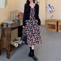 POMTOR 빅사이즈 여성 봄 통통 mm 날씬해 보이는 플라워 나시 원피스 세트 기질 니트 가디건 투피스