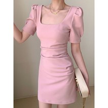 벌룬 스퀘어넥 핑크원피스 여름 슬림핏 날씬해보이는 반팔 원피스 하객룩
