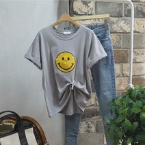 상상그이상 여성용 스마일 스팽글 포인트 코튼 반팔 티셔츠