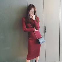 여성 니트 롱원피스 2컬러 1P 골지 슬림 타이트 치마