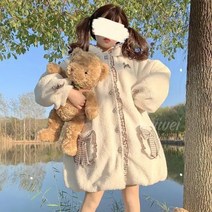 여자친구 선물 화이트 오리지널 롤리타 러블리 곰 후드 램스울 코트 꽃봉오리 원피스 겨울