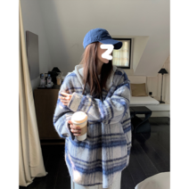 안다르 모헤어 체크 후드 카라 자켓