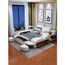 다기능 침대 스마트 배드 마사지 리얼 가죽 모던 심플 소프트 베드 멀티 안방 만능 커플침대, 디럭스 에디션+라텍스 매트리스