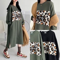 레오파드 배색 포인트 기모 롱원피스