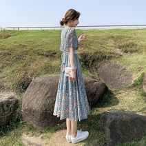 한국어 시폰 플러스 사이즈 2021 꽃 느슨한 캐주얼 여름 라이트 드레스 패션 미디 튜닉 여성 우아한 블루 빈티지