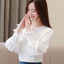 가바바 여성 블라우스 심플베이직 리본레이스 포인트 쉬폰 데일리 블라우스 G27430