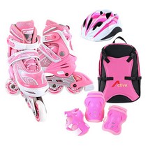 [인라인세트] 사이즈 조절형 아동용 발광바퀴 인라인 스케이트+헬멧+보호대+가방, 스마트 핑크