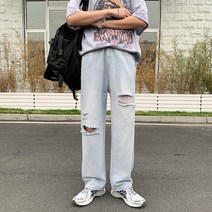 Baiwife 찢어진 청바지 남청 드래그 와이드 팬츠 헐렁한 스트레이트 깡패 멋쟁이 길거리 바지