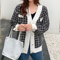 골드 버튼 트위드 울 니트 여성 가디건 브이넥 간절기