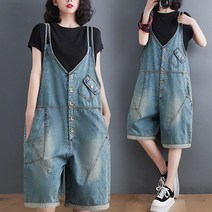 사사로이 여성 점프슈트 멜빵바지 멜빵청반바지 반바지 무릎 기장 워싱청반바지 싱글 브레스트 특이한 디자인 질리지 않는 스타일 + 양말증정