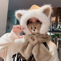 겨울방한모자 여우털 후드 머플러 일체형 여동 러블리 멀티 라이딩 귀마개 방한 넥워머, 01 모자 스카프 일체, 03 베이지 모자+마스크