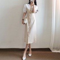 요시아나 [당일발송] 라라노아 배색 프릴카라 진주단추 원피스 -2컬러