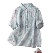 도오빠 리덴다 여성 반팔 블라우스 셔츠 카라넥 플리츠 꽃무늬 프린팅 티셔츠 여자블라우스 반팔티 프리사이즈