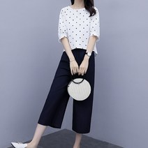 심플 도트 블라우스 와이드 9부 팬츠 상하의코디 세트G/OPD:GAON0107G +Y7