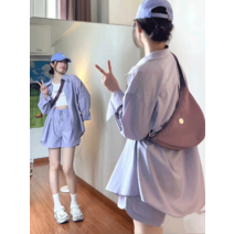 여성 데일리 슬림 가디건 보라색 셔츠 코트 여름 캐주얼 탑 모델