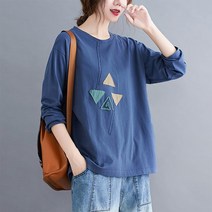 도오빠 포글티 여성 긴팔 티셔츠 루즈핏 오버핏 라운드넥 자수 패치 면티 편안한 얇은 사계절 중년 여자티셔츠 여자긴팔티