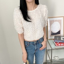 코지 여자 꽃잎 수술 러블리 라운드넥 크롭 블라우스