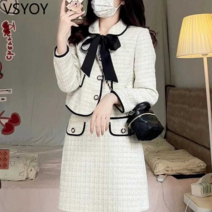 vsyoy 정장 여성의 이른 봄과 가을 서양식 나이를 줄이는 활 스트랩 쇼트 코트 스커트 우아한 연예인 투피스 슈트