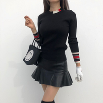 로로얼로이 여성 골프 소매 포인트 골지 넥 라운드 니트