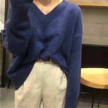니트상의 블랙 브이넥 쇄골 매너 디자인감각 여성 가을 긴 소매 키치한 와이드 루즈핏 겉옷 3936279361