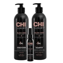 CHI 럭셔리 씨앗 오일 블렌드 젠틀 클렌징 샴푸 708 7g 수분 보충 컨디셔너 및 드라이 85g 3팩 블랙 25 Fl Oz 미국직송