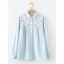 프릴 블라우스 여성 꽃 자수 셔츠 단추 캐주얼 탑스 긴 소매 데님 블루