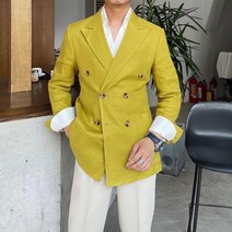 남성 고급 린넨 단색 더블 정장 재킷 유럽 하객 슈트