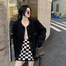 라운드자켓 오피스룩 여성숏자켓 노카라 빈티지 라운드 넥 싱글 브레스트 루즈핏 트위드 재킷 럭셔리 코트 스트리트웨어 캐주얼 디자인 겉옷 블랙