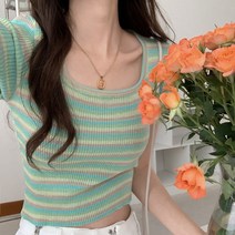 봄여름 슬림핏 스트라이프 사각넥 니트 반팔 여상