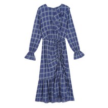 앳코너 블루 면혼방 러플장식 체크원피스 ATDR8C118B2